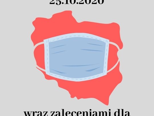 Grafika. Ma szarym tle, czerwona mapa Polski z niebieską maseczką. Na górze napis "Nowe obostrzenia obowiązujące od 25.10.2020". Poniżej napis "wraz z zaleceniami dla seniorów powyżej 70 roku życia".