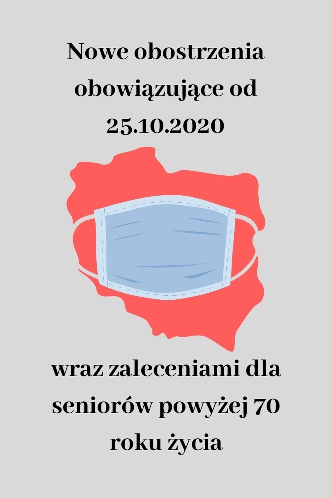 Grafika. Ma szarym tle, czerwona mapa Polski z niebieską maseczką. Na górze napis "Nowe obostrzenia obowiązujące od 25.10.2020". Poniżej napis "wraz z zaleceniami dla seniorów powyżej 70 roku życia".