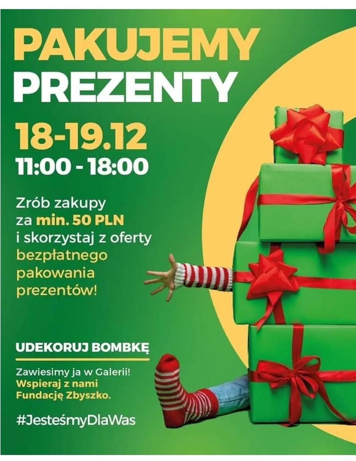 Grafika z informacją o akcji "Pakujemy prezenty" W dniach 18 i 19 grudnia, w godzinach od 11:00 do 18:00