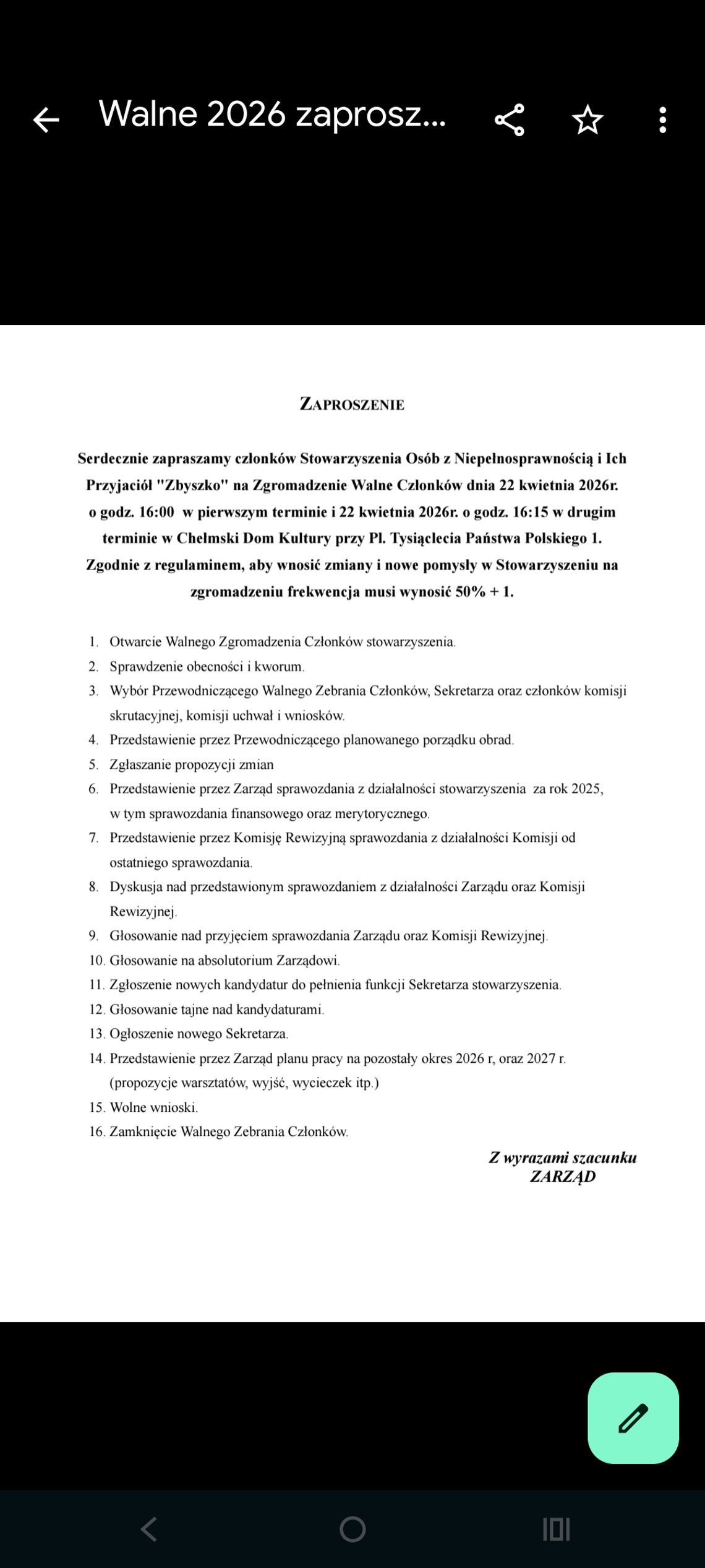 ZAPROSZENIE NA WALNE ZEBRANIE CZŁONKÓW ZAPROSZENIE NA WALNE ZEBRANIE CZŁONKÓW